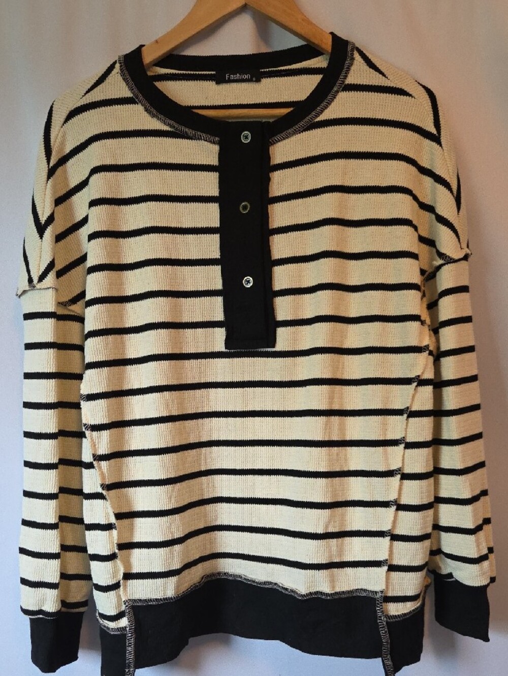 Crewneck Long Sleeve Henley - Black & Cream Striped